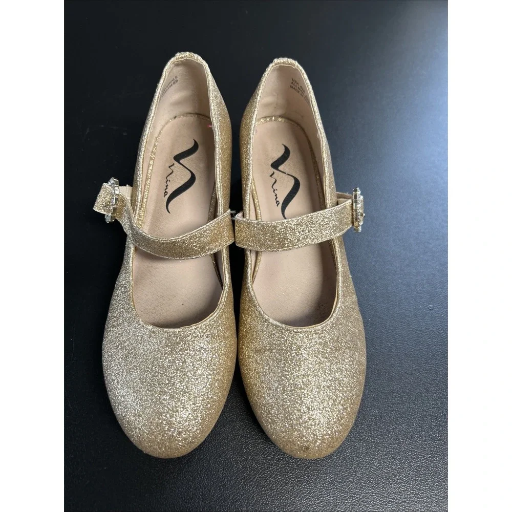 Girls Size‎ 4 Nina Gold Bling Shoes Wedding Dance Pageant Block Heel Rhinestone